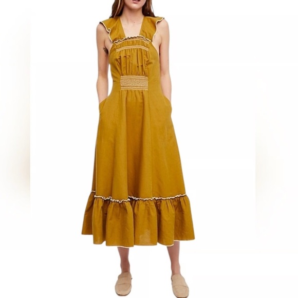 Free People Anika Midi Linen Mustard Backless Dress - Picture 2 of 11